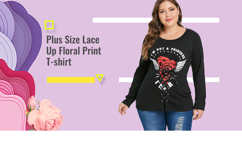Plus Size Lace Up Floral Print T-shirt