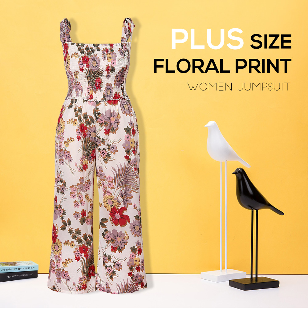 Plus Size Shirred Floral Print Jumpsuit