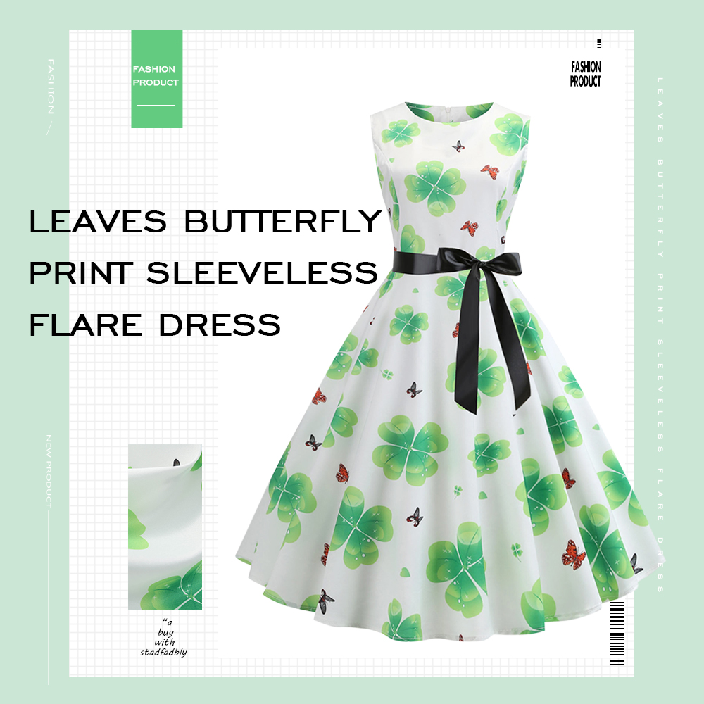 Leaves Butterfly Print Sleeveless Flare Dress