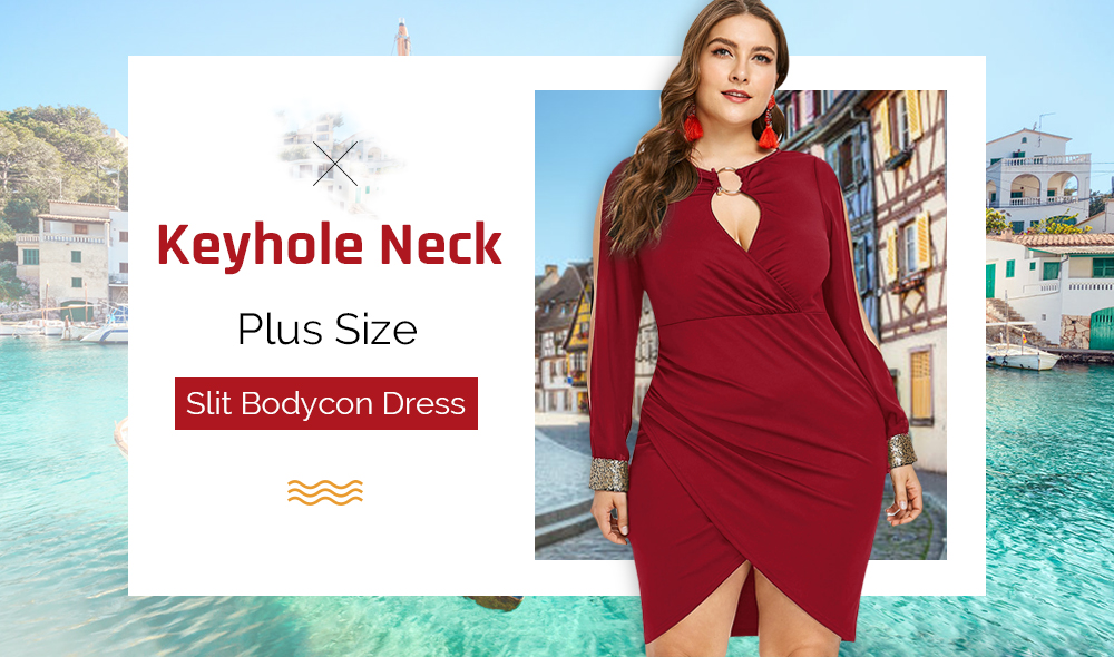 Plus Size Keyhole Neck Slit Bodycon Dress