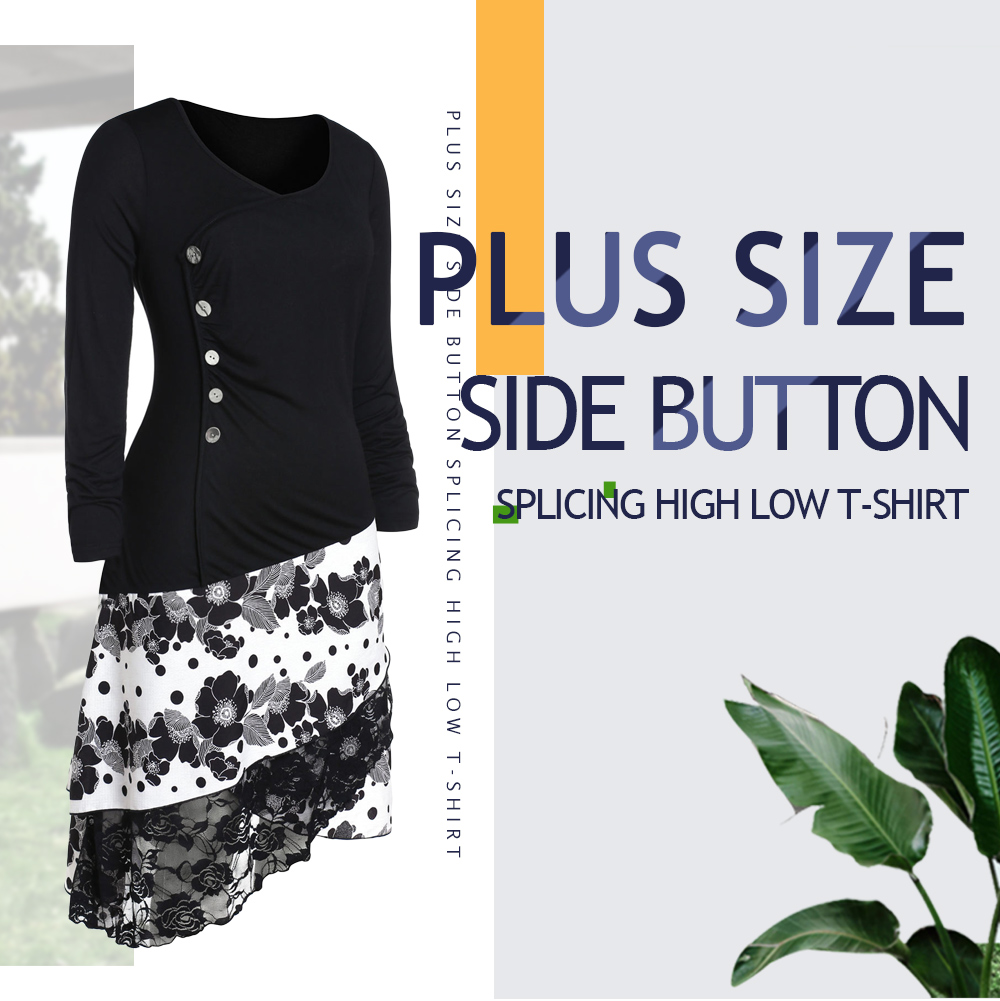 Plus Size Side Buttons Splicing High Low T-shirt
