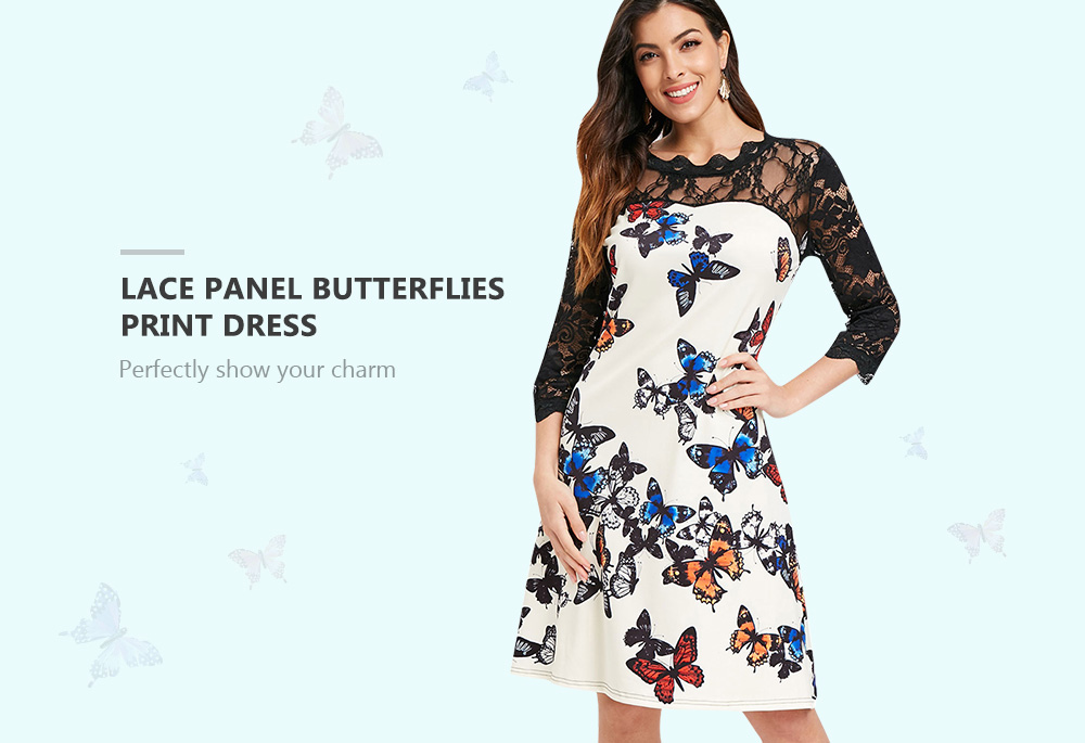 Lace Panel Butterflies Print Dress