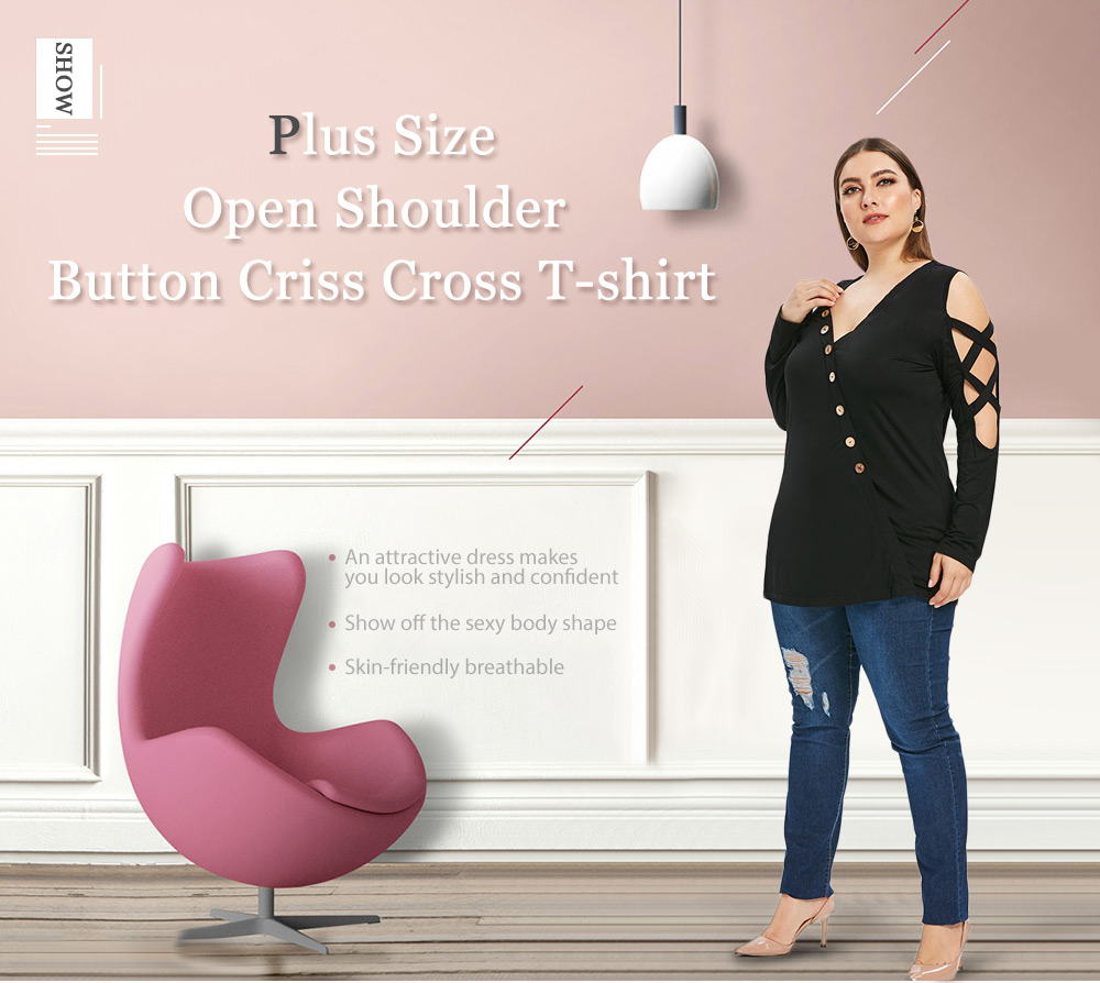 Plus Size Open Shoulder Buttons Criss Cross T-shirt