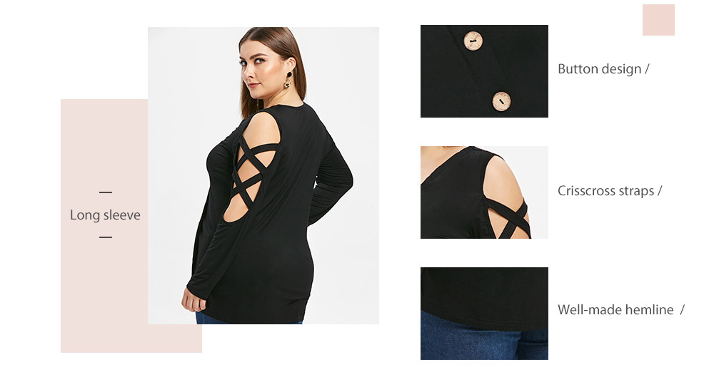 Plus Size Open Shoulder Buttons Criss Cross T-shirt