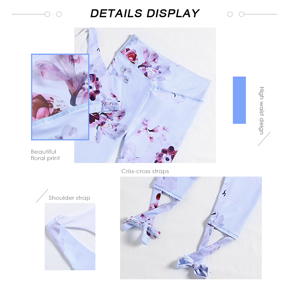 Scoop Neck Sleeveless Padded Floral Print Crop Top High Waist Criss-cross Strap Women Yoga Suit