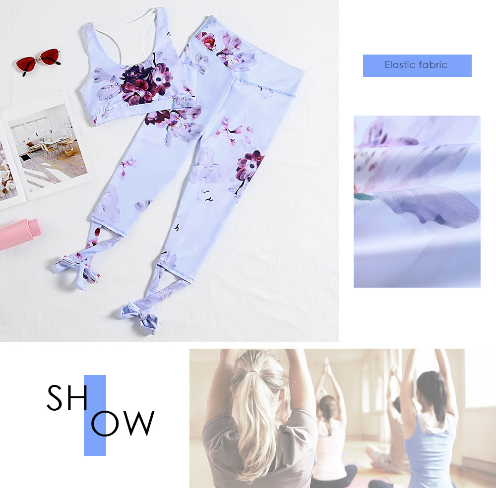 Scoop Neck Sleeveless Padded Floral Print Crop Top High Waist Criss-cross Strap Women Yoga Suit