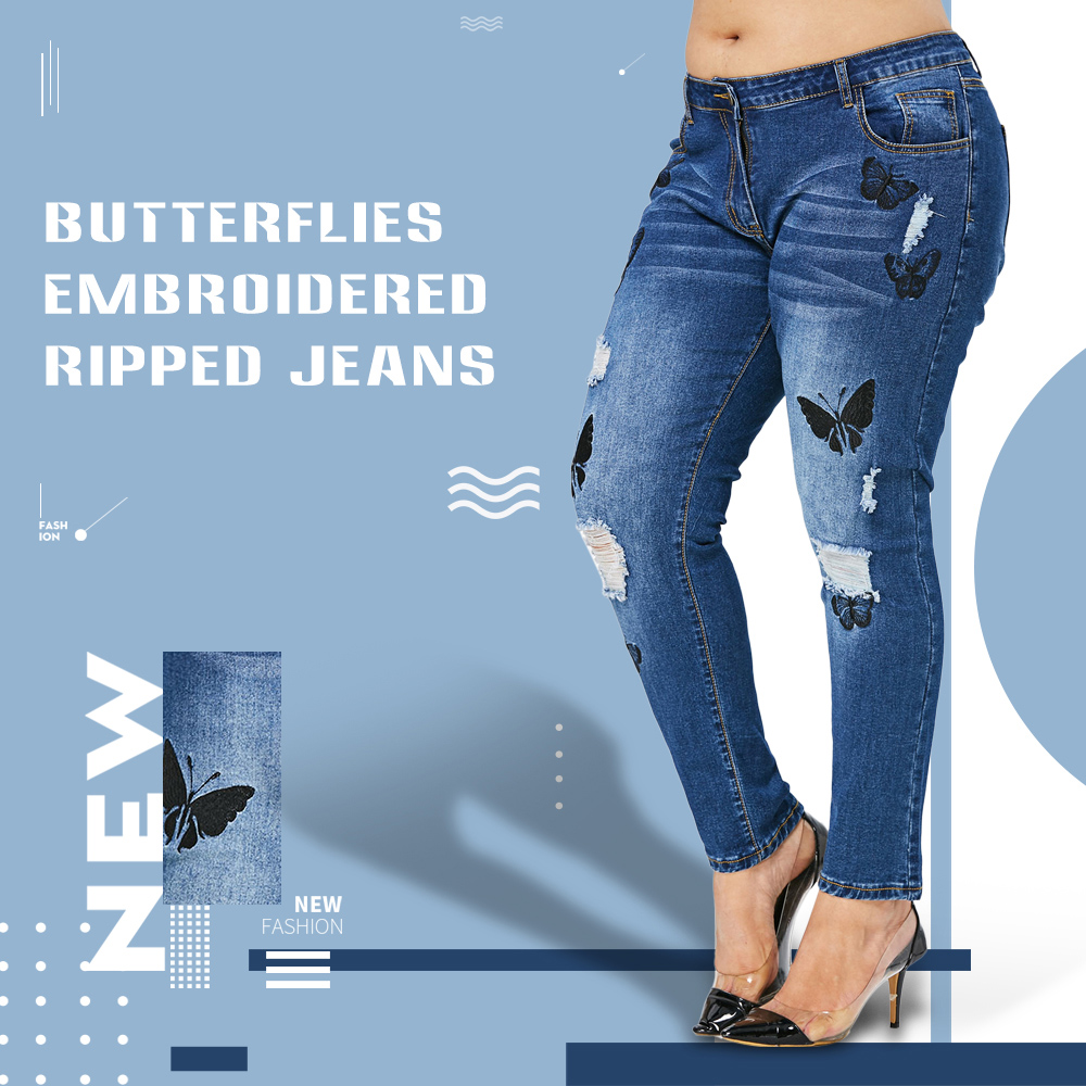 Plus Size Butterfles Embroidered Ripped Jeans