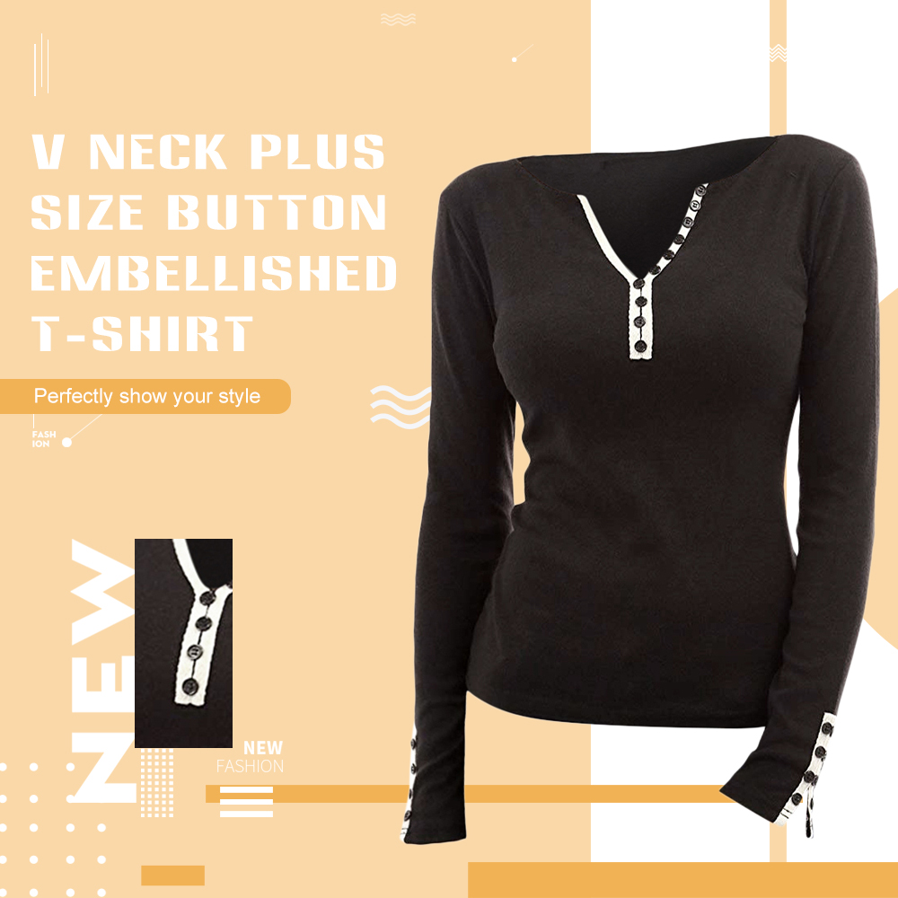 Plus Size Button Detail V Neck T-shirt