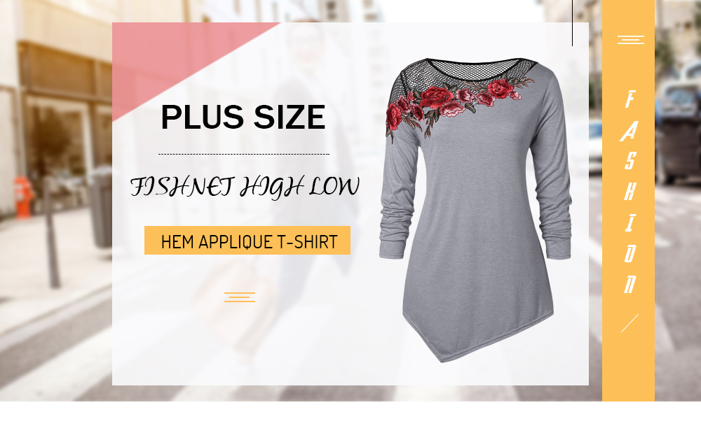 Plus Size Fishnet High Low Hem Applique T-shirt