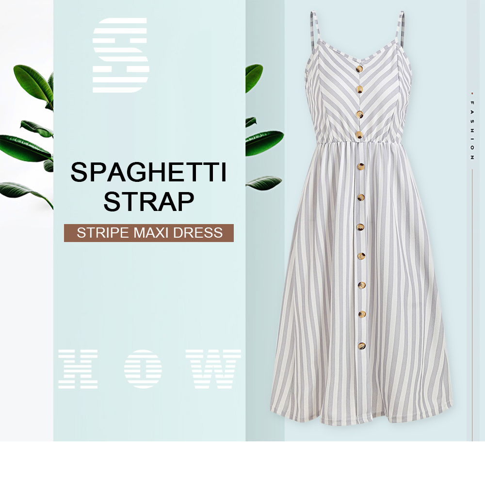Button Striped Spaghetti Strap Dress