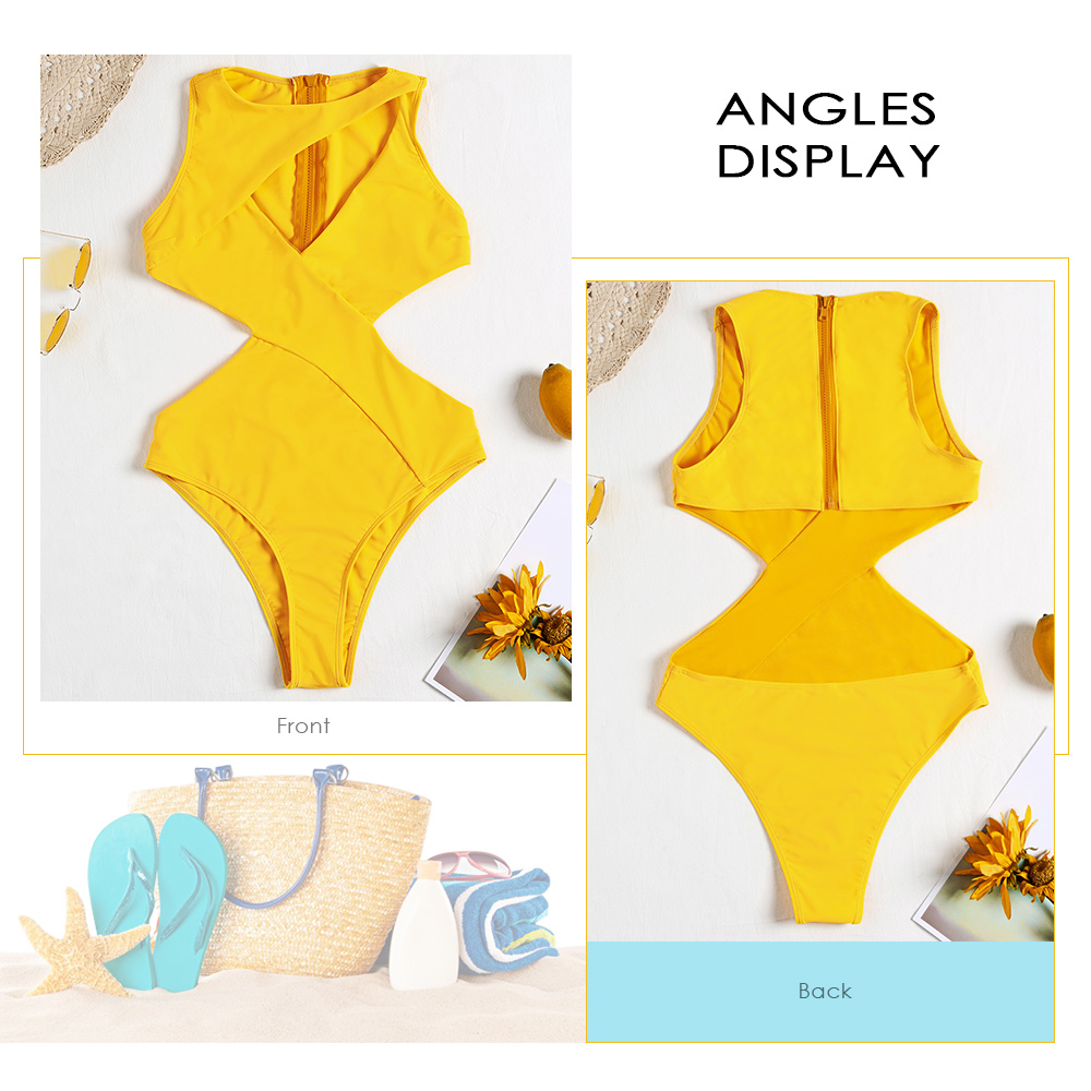 Solid Color Sleeveless Cut Out Zipper Sexy Women Swimsuit