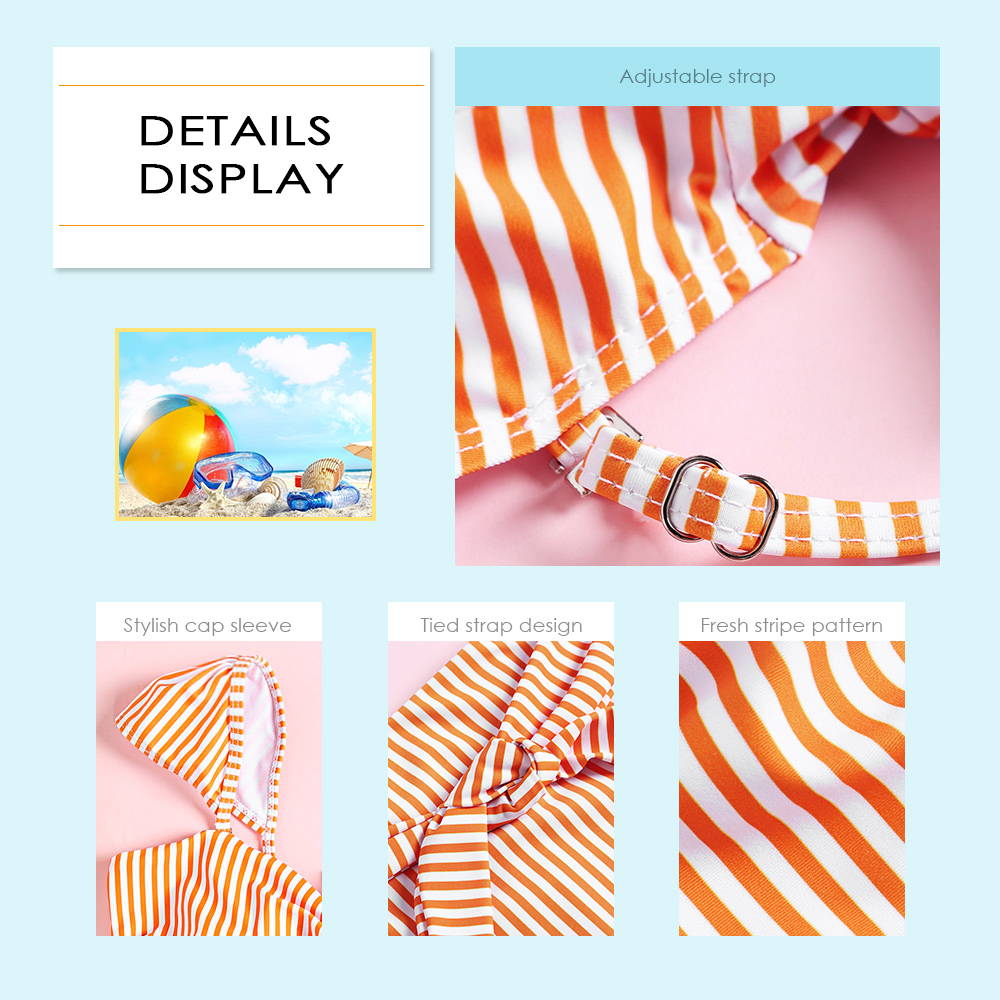 Stripe Print Cap Sleeve Backless Padded Tied Strap High Waist Women Bikini Set