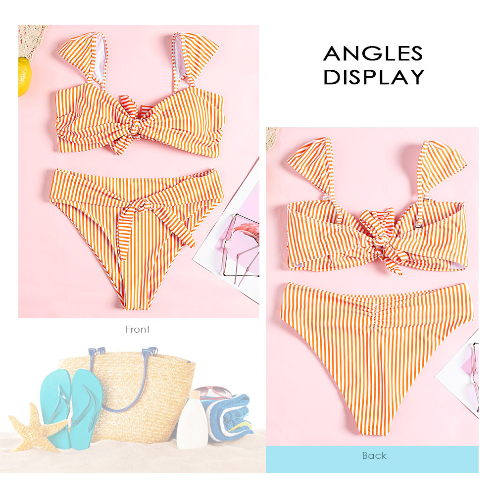 Stripe Print Cap Sleeve Backless Padded Tied Strap High Waist Women Bikini Set