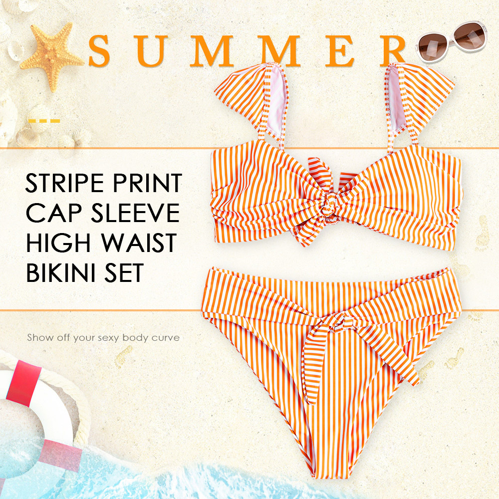 Stripe Print Cap Sleeve Backless Padded Tied Strap High Waist Women Bikini Set