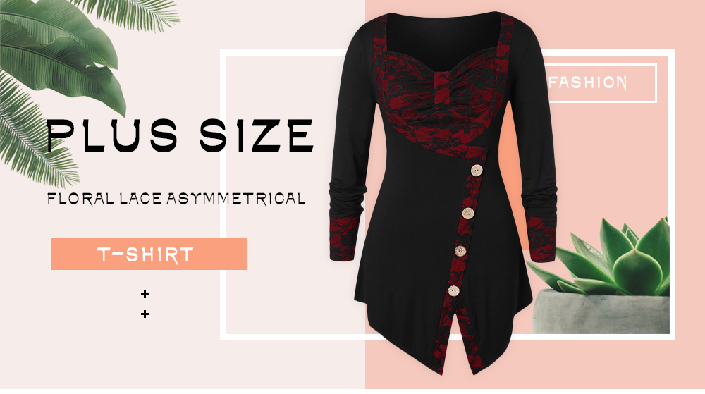 Plus Size Floral Lace Asymmetrical T-shirt