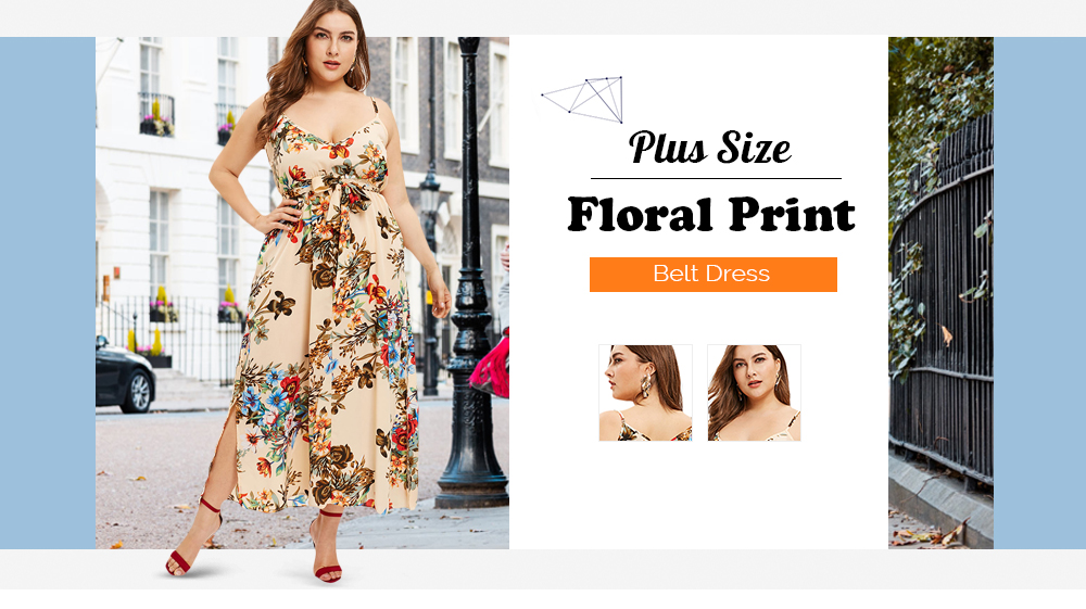 Plus Size Floral Print Slip Dress with Belt