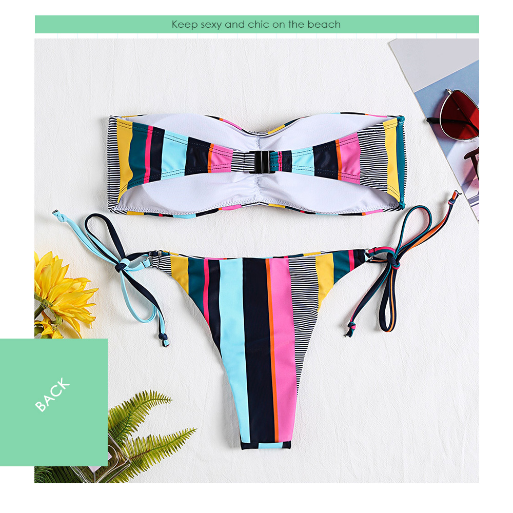Strapless Backless Padded Colorful Vertical Stripe Low Waist Women Bikini Set