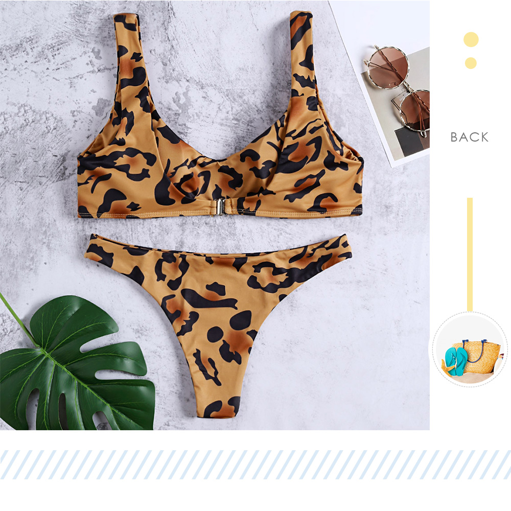 V Neck Backless Padded Leopard Print Low Waist Two-piece Women Bikini Set