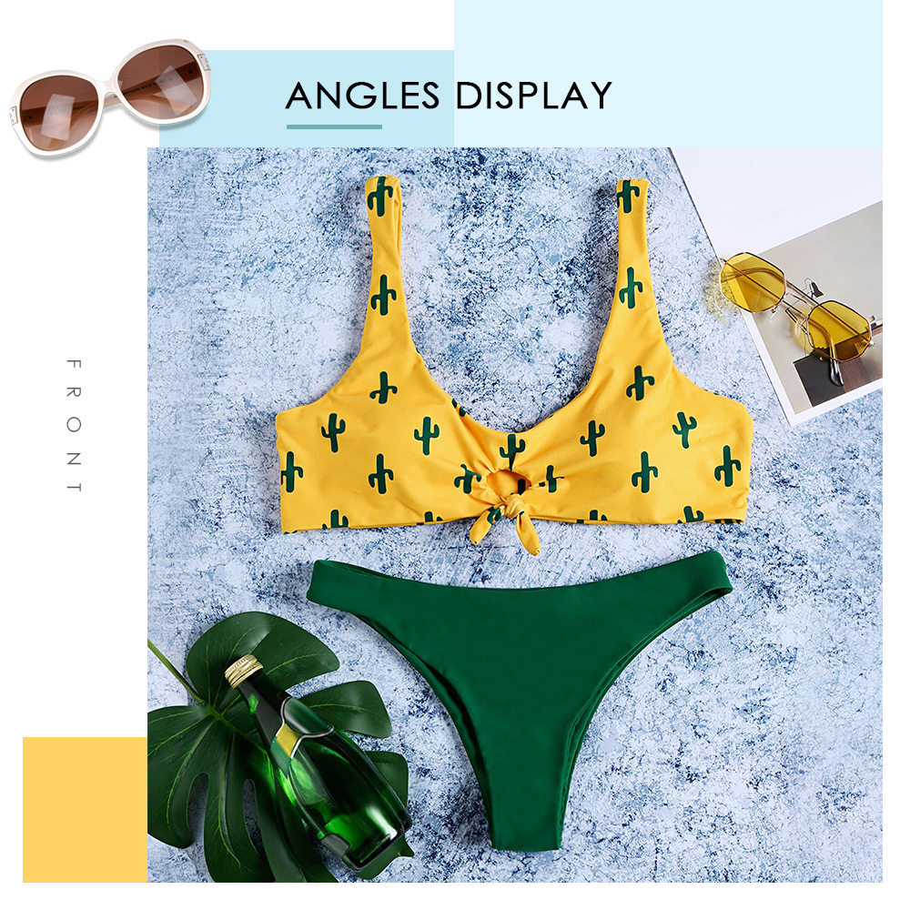 Scoop Neck Padded Backless Cacti Print Low Waist Two-piece Women Bikini Set