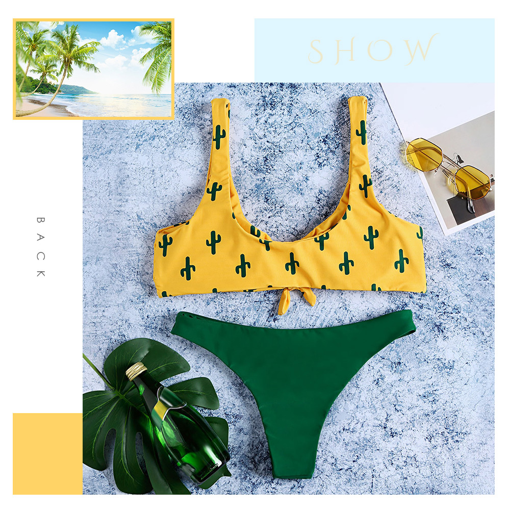 Scoop Neck Padded Backless Cacti Print Low Waist Two-piece Women Bikini Set