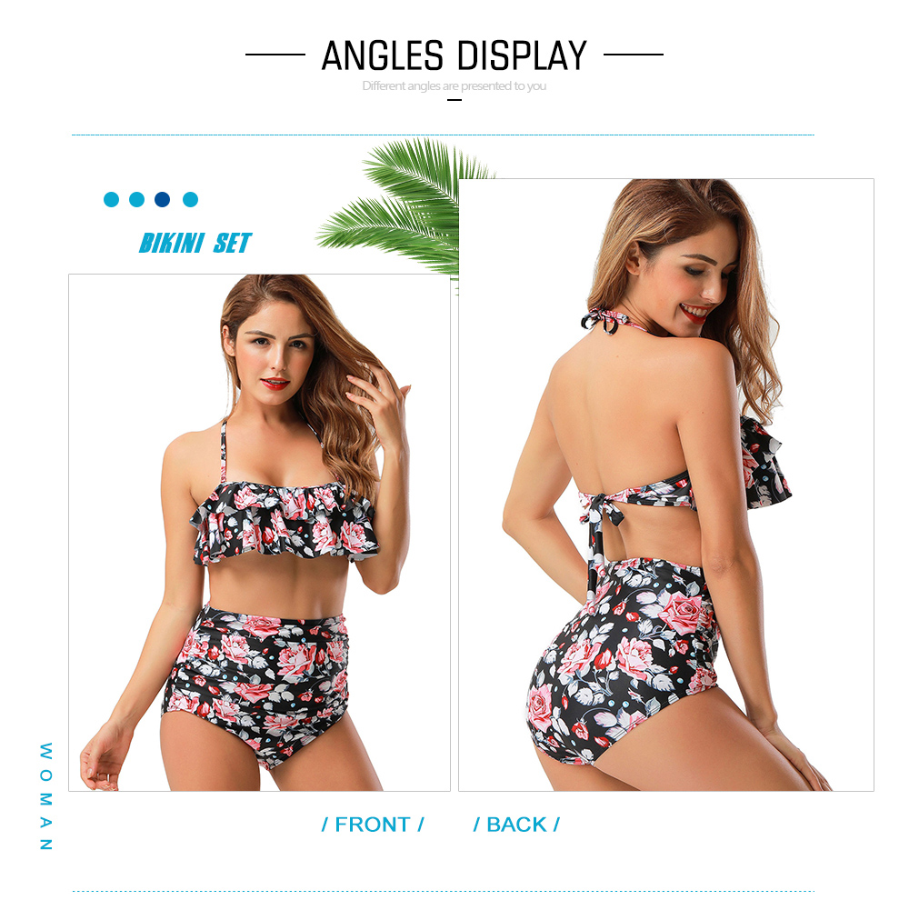 Halter Floral Print Flounced High Rise Bikini Set