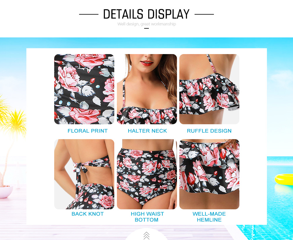 Halter Floral Print Flounced High Rise Bikini Set