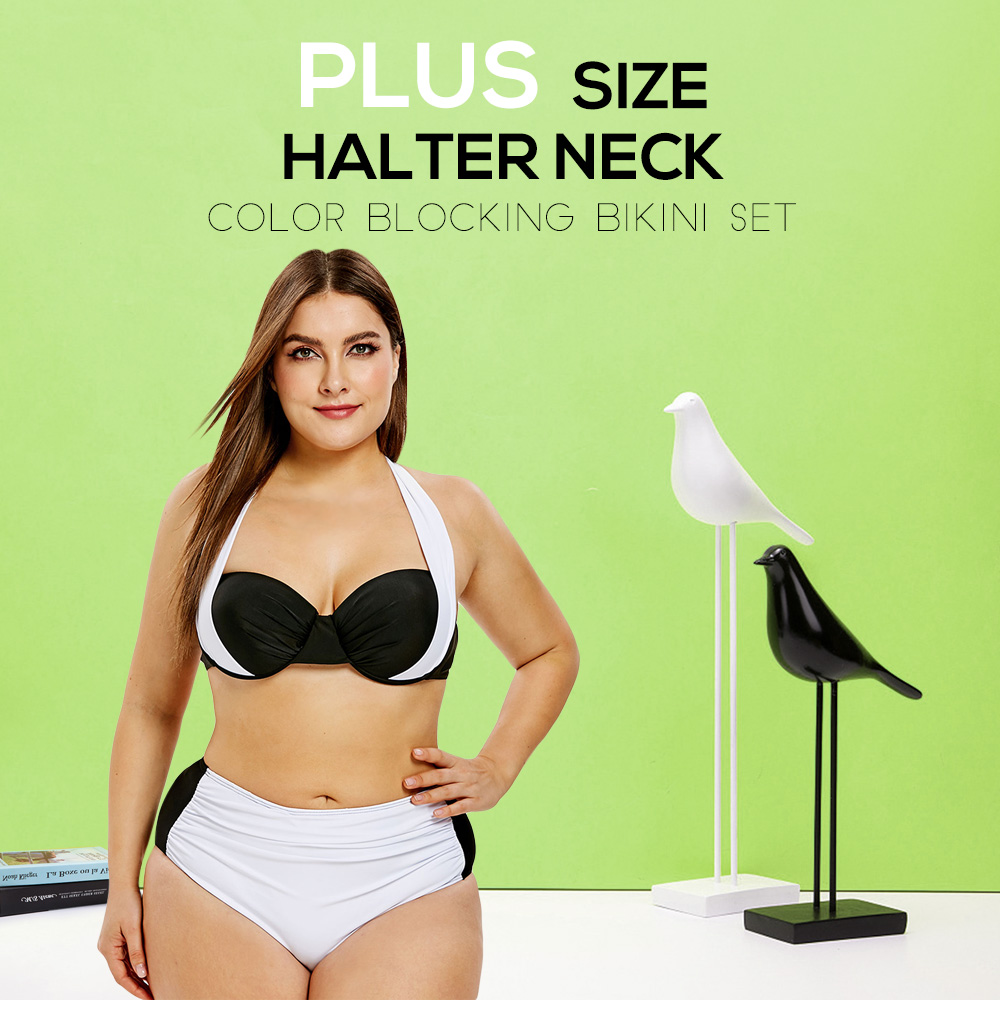 Plus Size Halter Neck Color Block Bikini Set