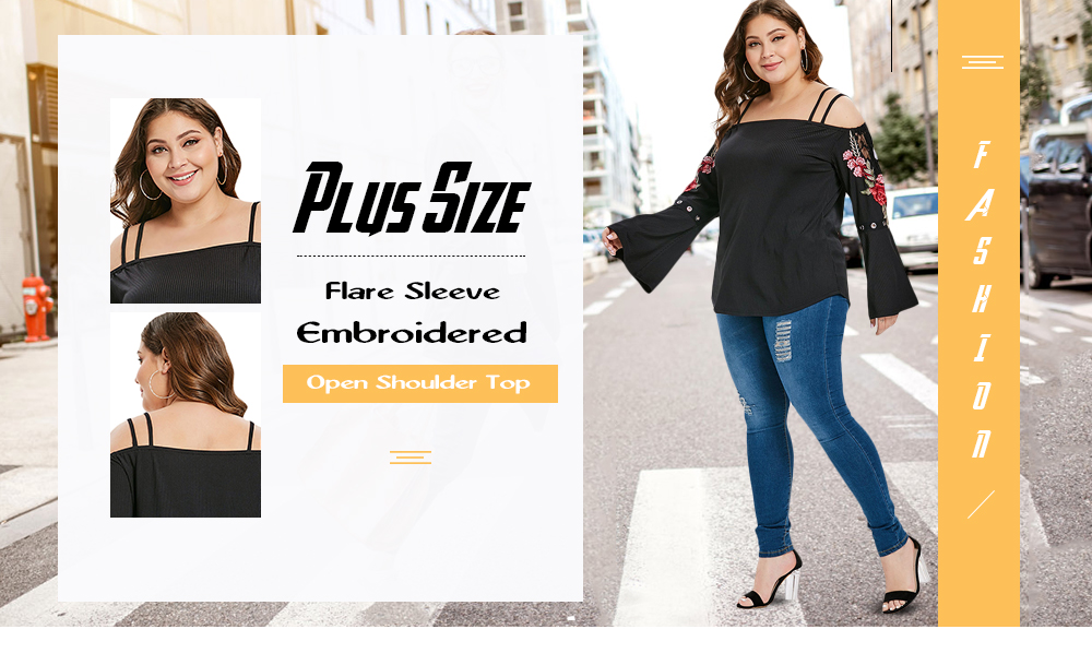 Plus Size Bell Sleeve Cold Shoulder Embroidered Top