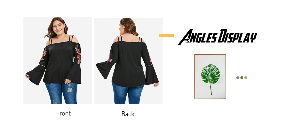 Plus Size Bell Sleeve Cold Shoulder Embroidered Top