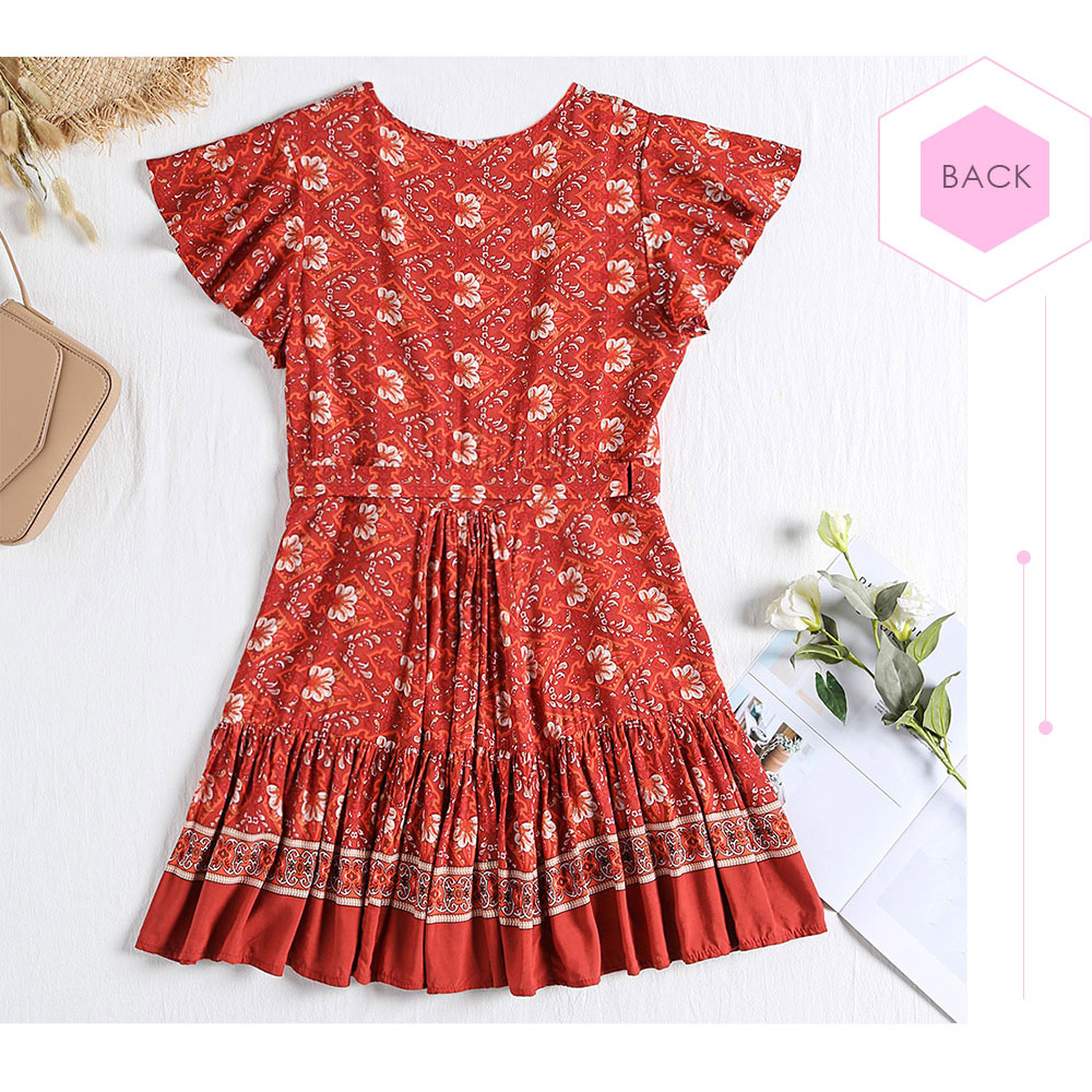 Plunge Neck Short Sleeve Floral Print Pleated A-line Women Wrap Dress