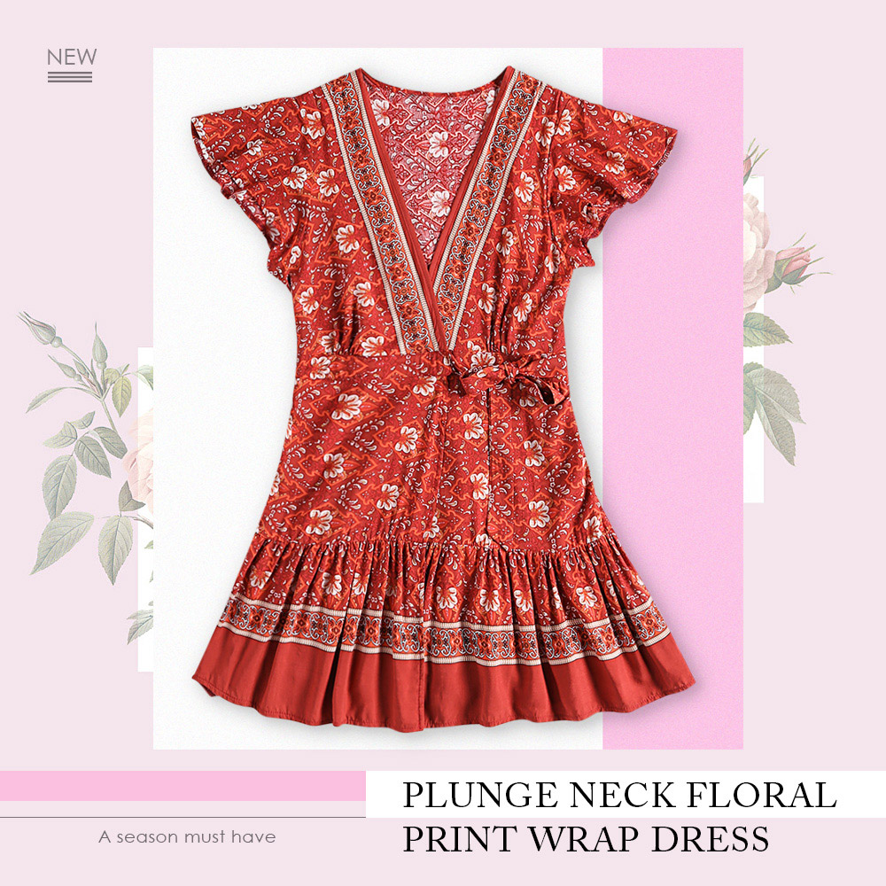 Plunge Neck Short Sleeve Floral Print Pleated A-line Women Wrap Dress