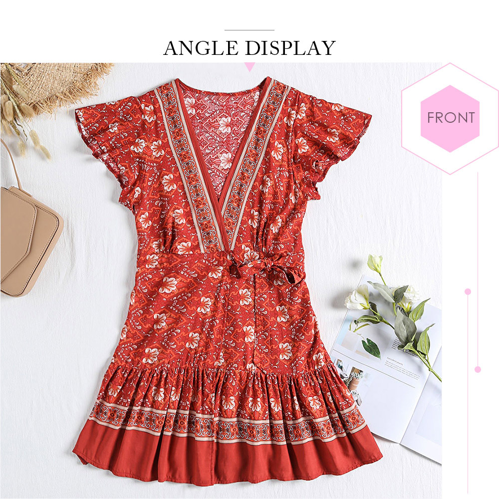 Plunge Neck Short Sleeve Floral Print Pleated A-line Women Wrap Dress