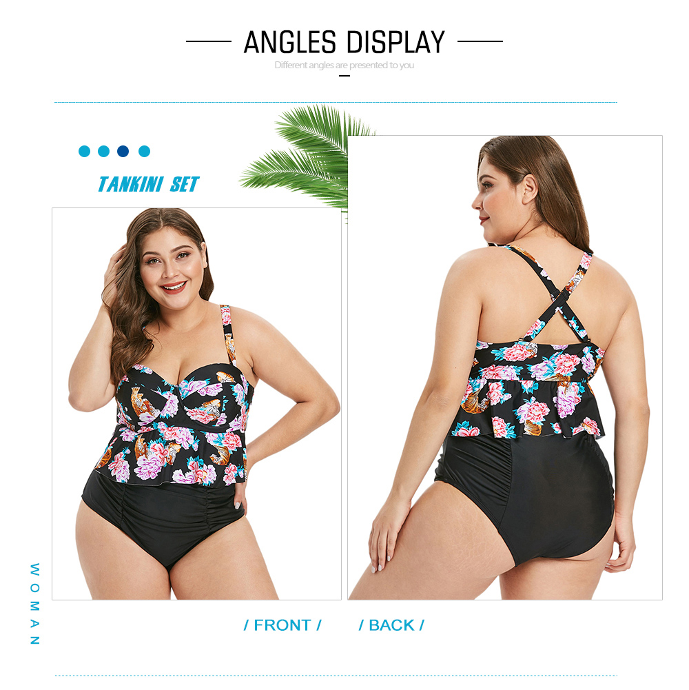 Plus Size Floral Print Back Criss Cross Tankini Set