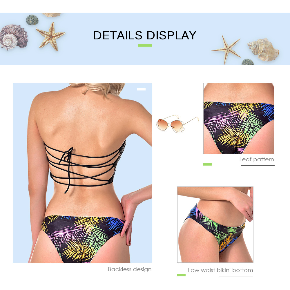 Lady Sexy Strapless Backless Padded Leaf Print Two-piece Beach Bikini Set