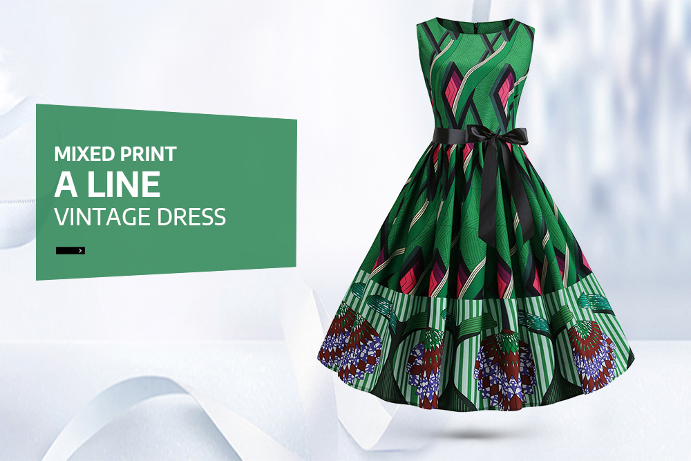 Mixed Print A Line Vintage Dress