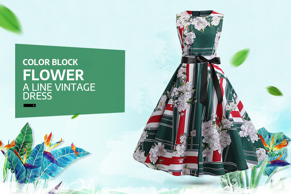 Color Block Flower A Line Vintage Dress