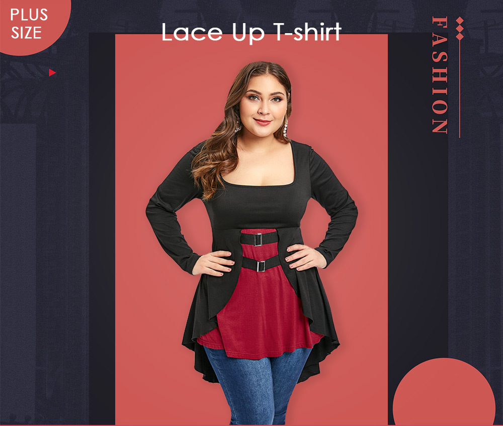 Plus Size Two Tone High Low Lace Up T-shirt