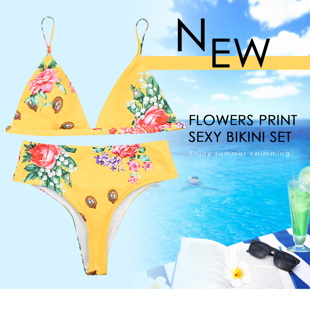 Flowers Print Open Back Sexy Bikini Set