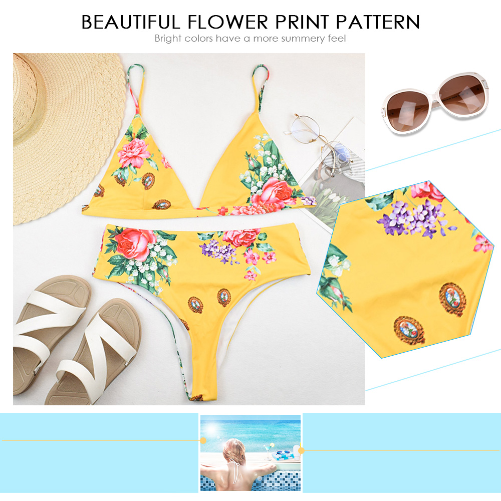 Flowers Print Open Back Sexy Bikini Set