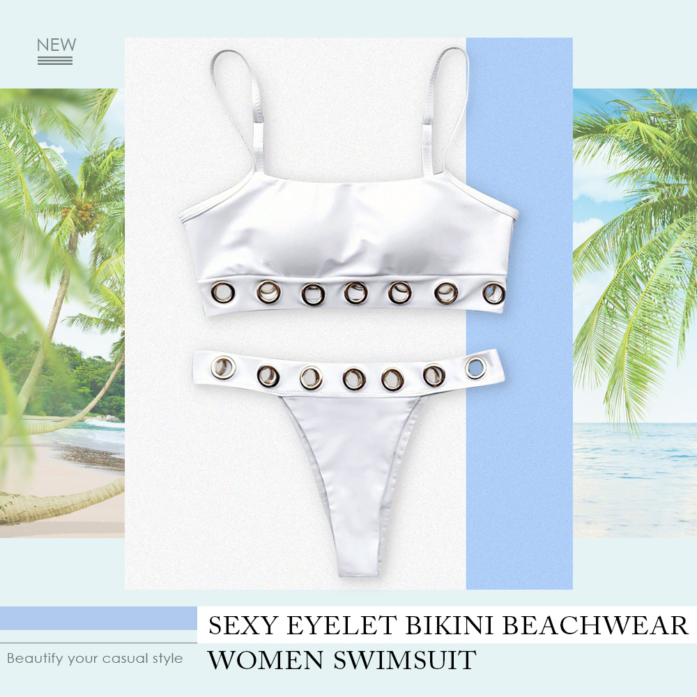 Sexy Eyelet Bikini Spaghetti Strap Padded Cups Beachwear Women Swimsuit