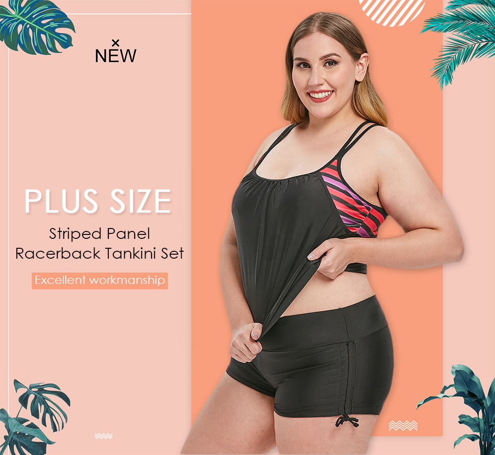 Plus Size Striped Panel Racerback Tankini Set