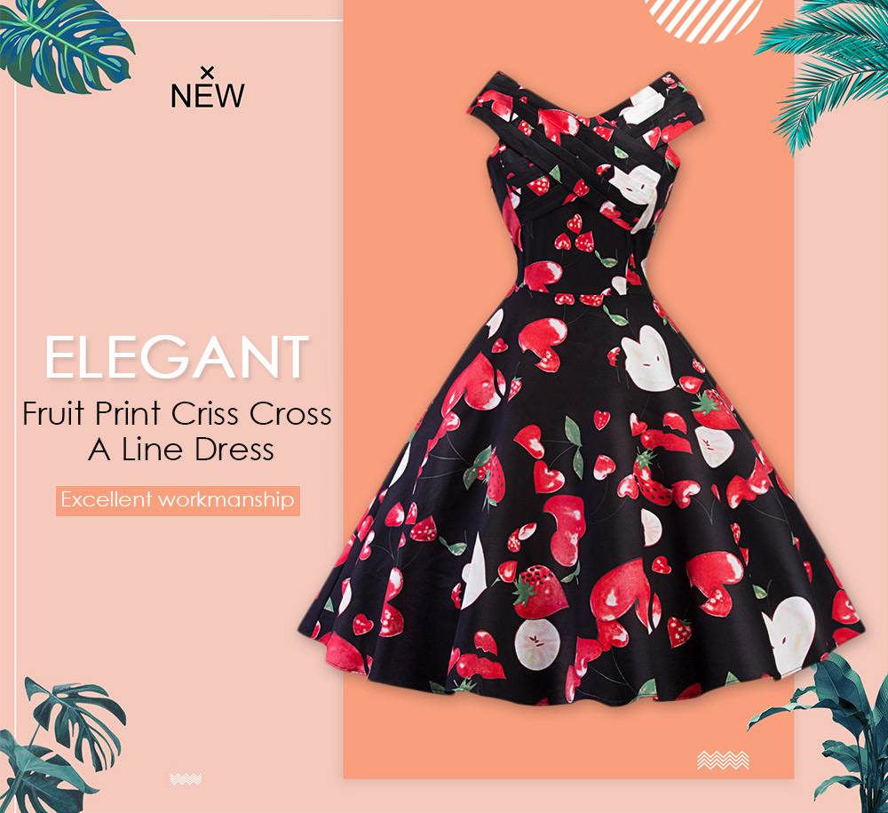 Vintage V Neck Fruit Print Flare Dress