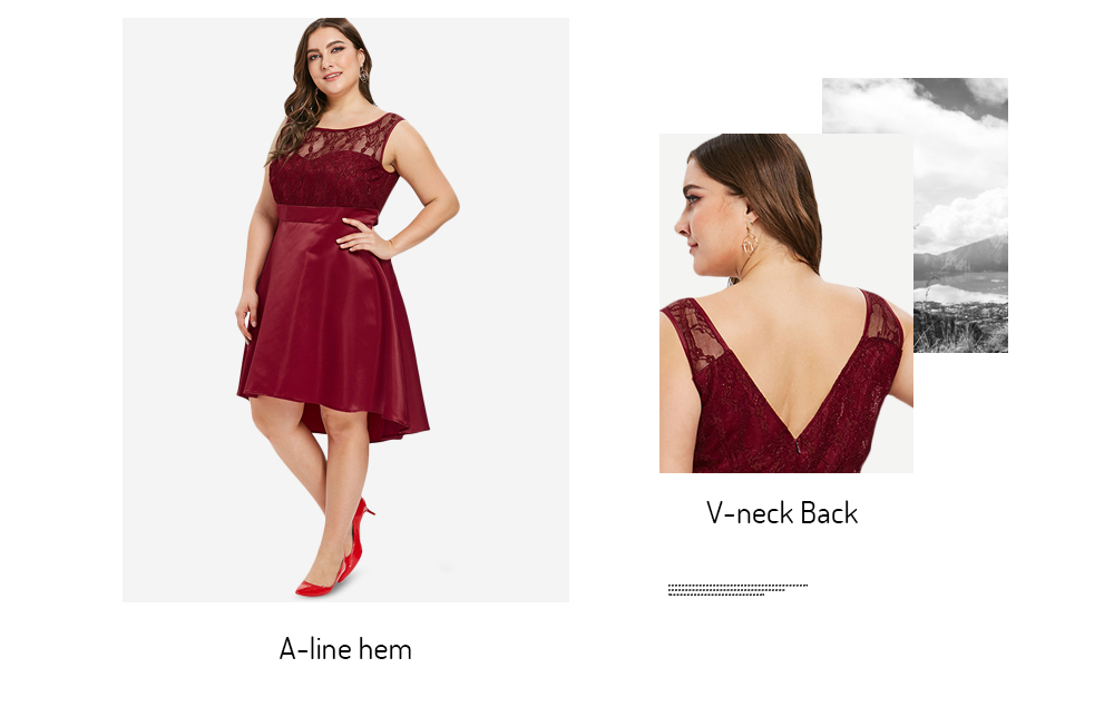 Back V Plus Size Lace Panel A Line Dress