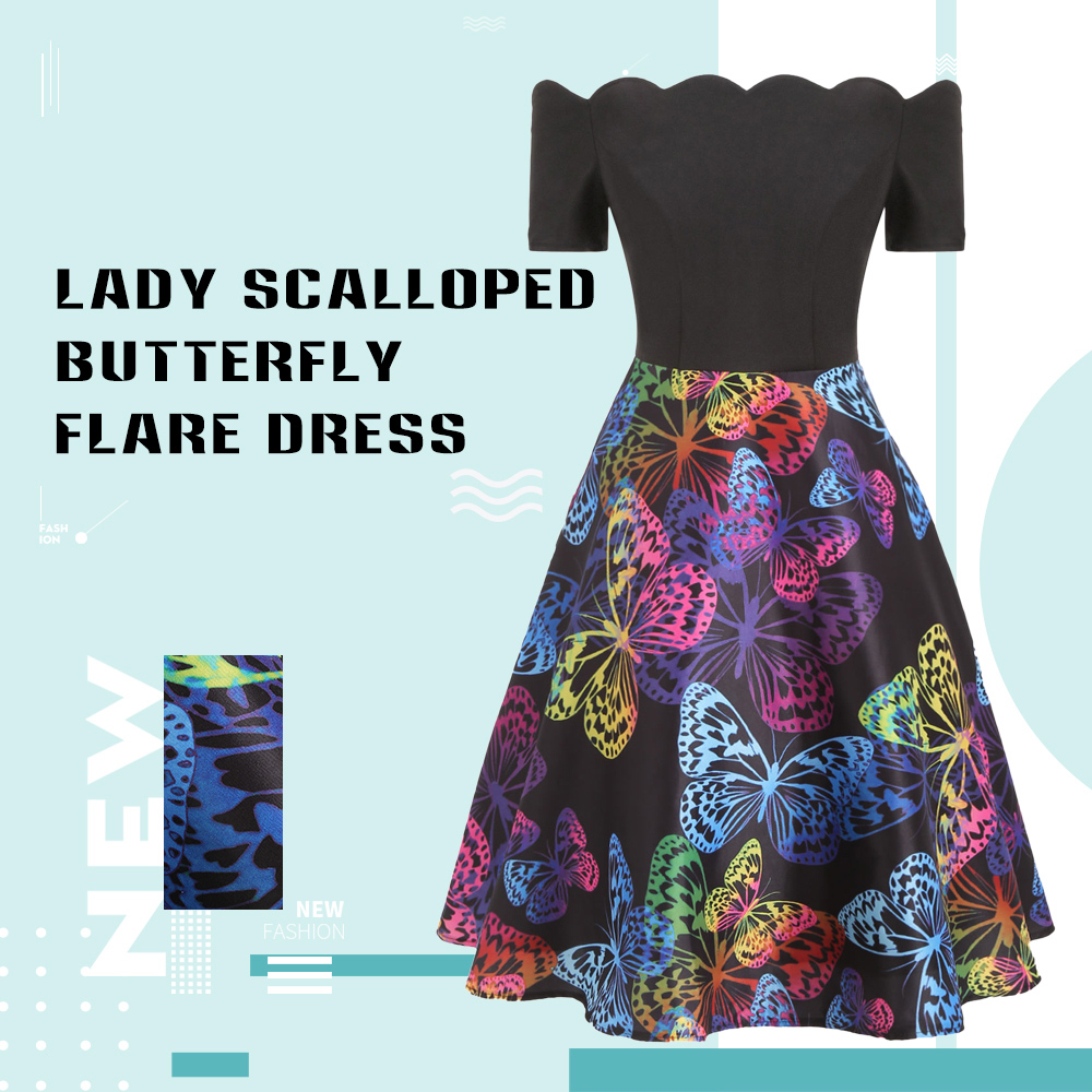 Scalloped Butterfly Print Flare Dress