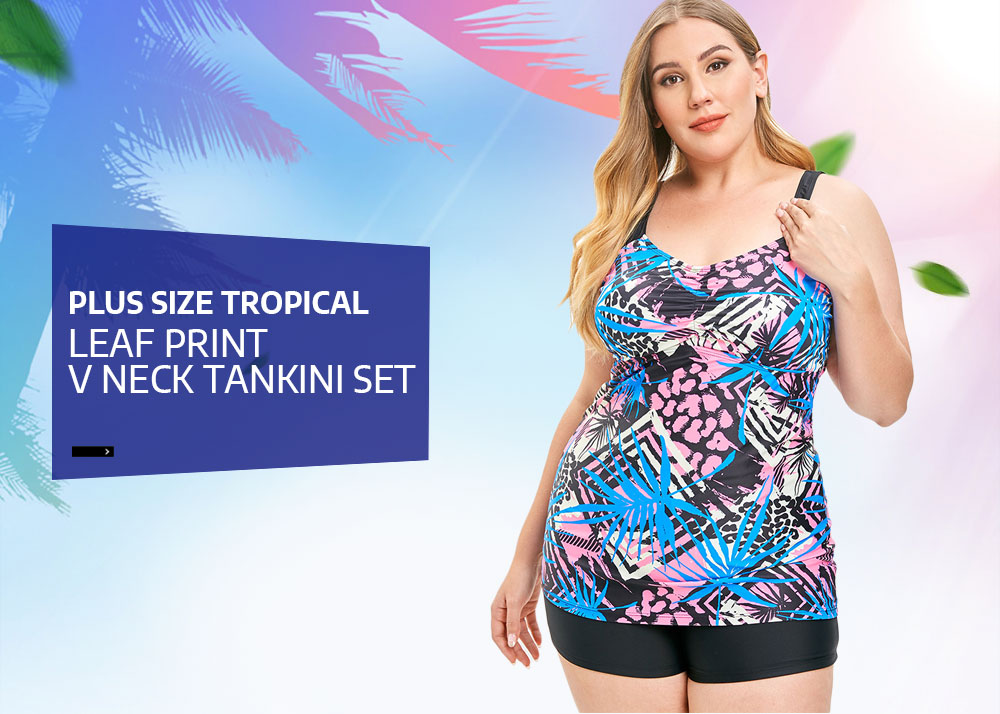 Plus Size Tropical Leaf Print V Neck Tankini Set