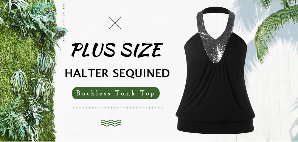 Plus Size Halter Sequined Backless Tank Top
