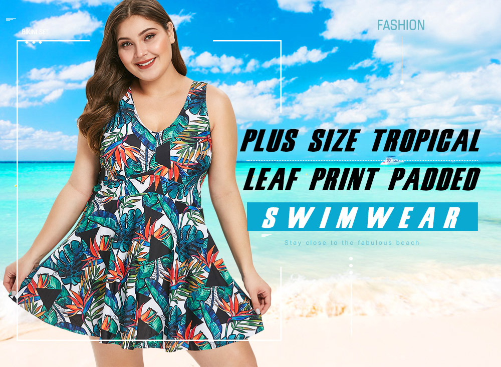 Plus Size Tropical Leaf Print Padded Swimwear