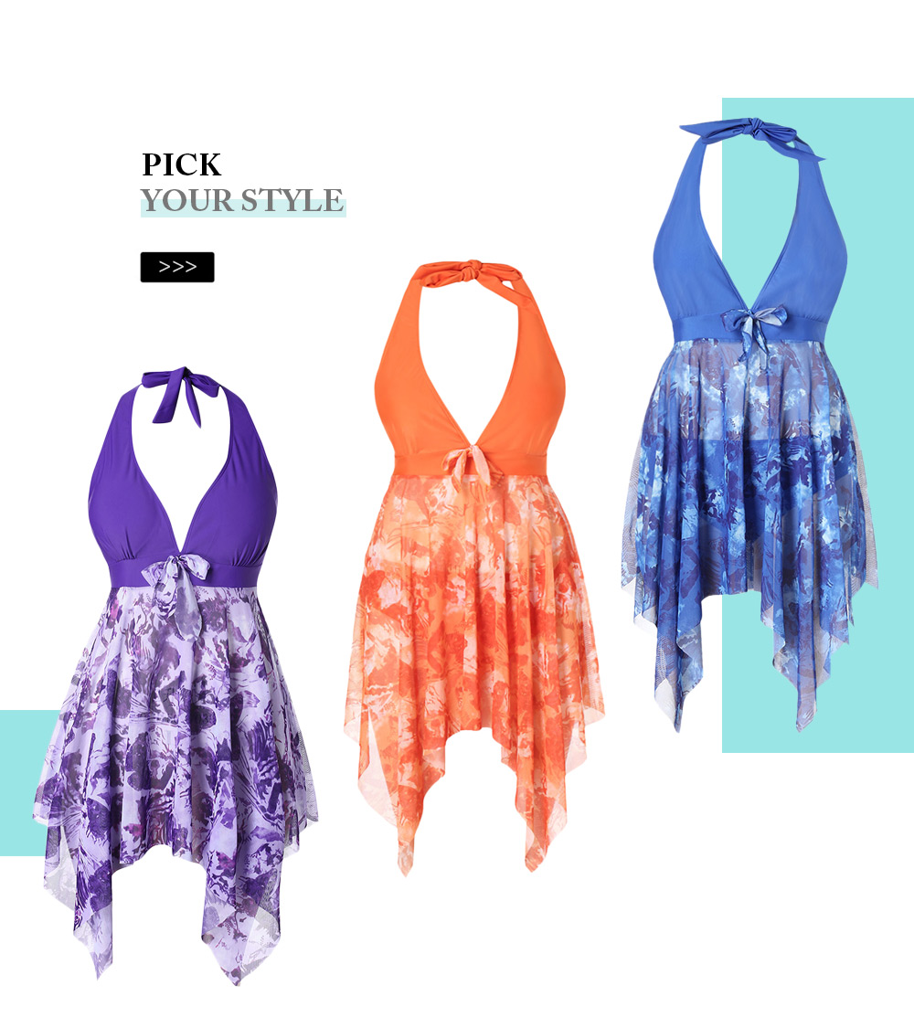 Plus Size Halter Printed Handkerchief Tankini Set