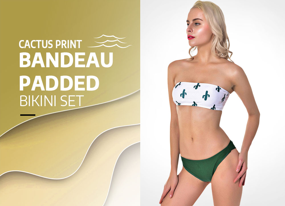 SOVALRO Cactus Print Bandeau Swimmer Padded Bikini Set