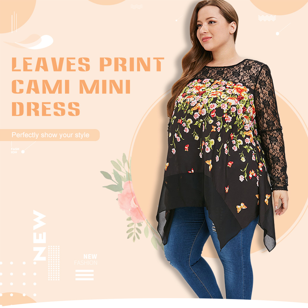 Plus Size Floral Lace Panel Asymmetric Blouse